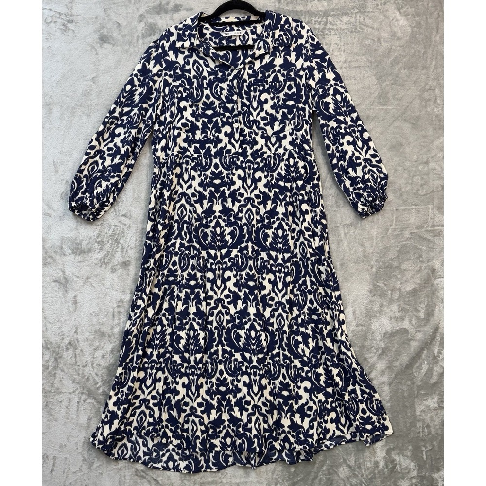 Zara Damask Print A-Line Navy White Midi Shirt Dress Women's XL